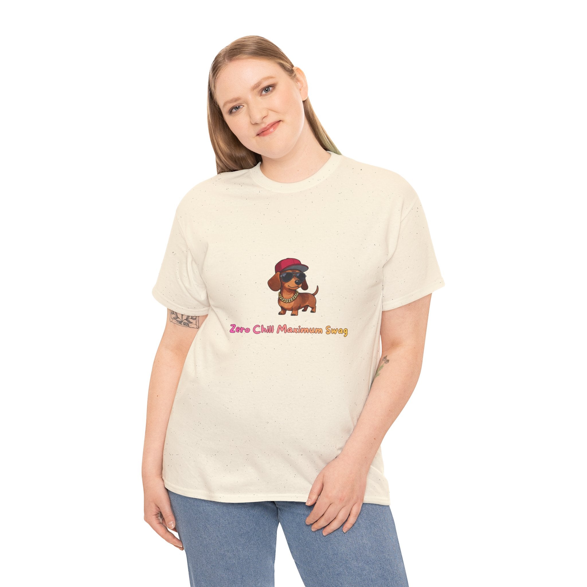 Zero Chill Maximum Swag T-Shirt – Funny Dachshund Hip Hop Attitude Gold Chain | Sausage Dog Wiener Dog Graphic Tee