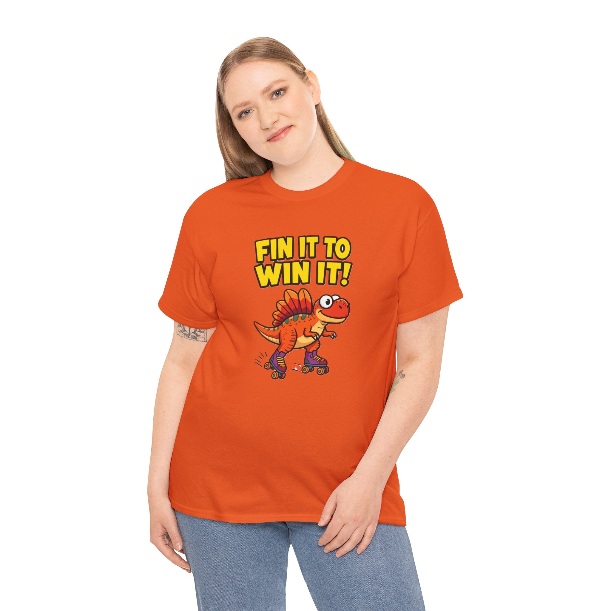 Fin It to Win It T-Shirt – Funny Spinosaurus Roller Skate Cartoon Dinosaur | Dino Skater Pun Graphic Tee
