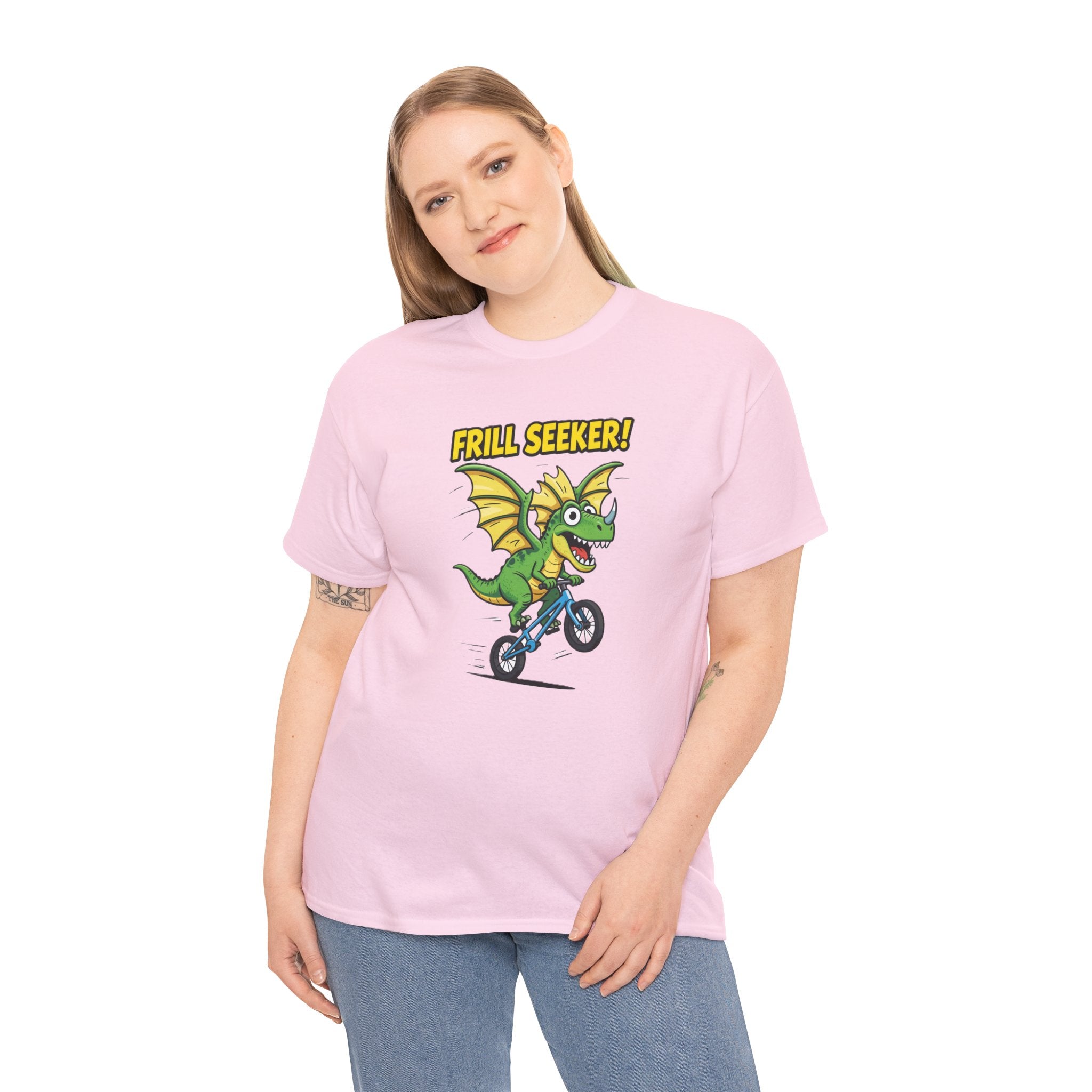 Frill Seeker T-Shirt – Funny Dragon Dinosaur BMX Bike Cartoon | Thrill Seeker Dino Pun Graphic Tee