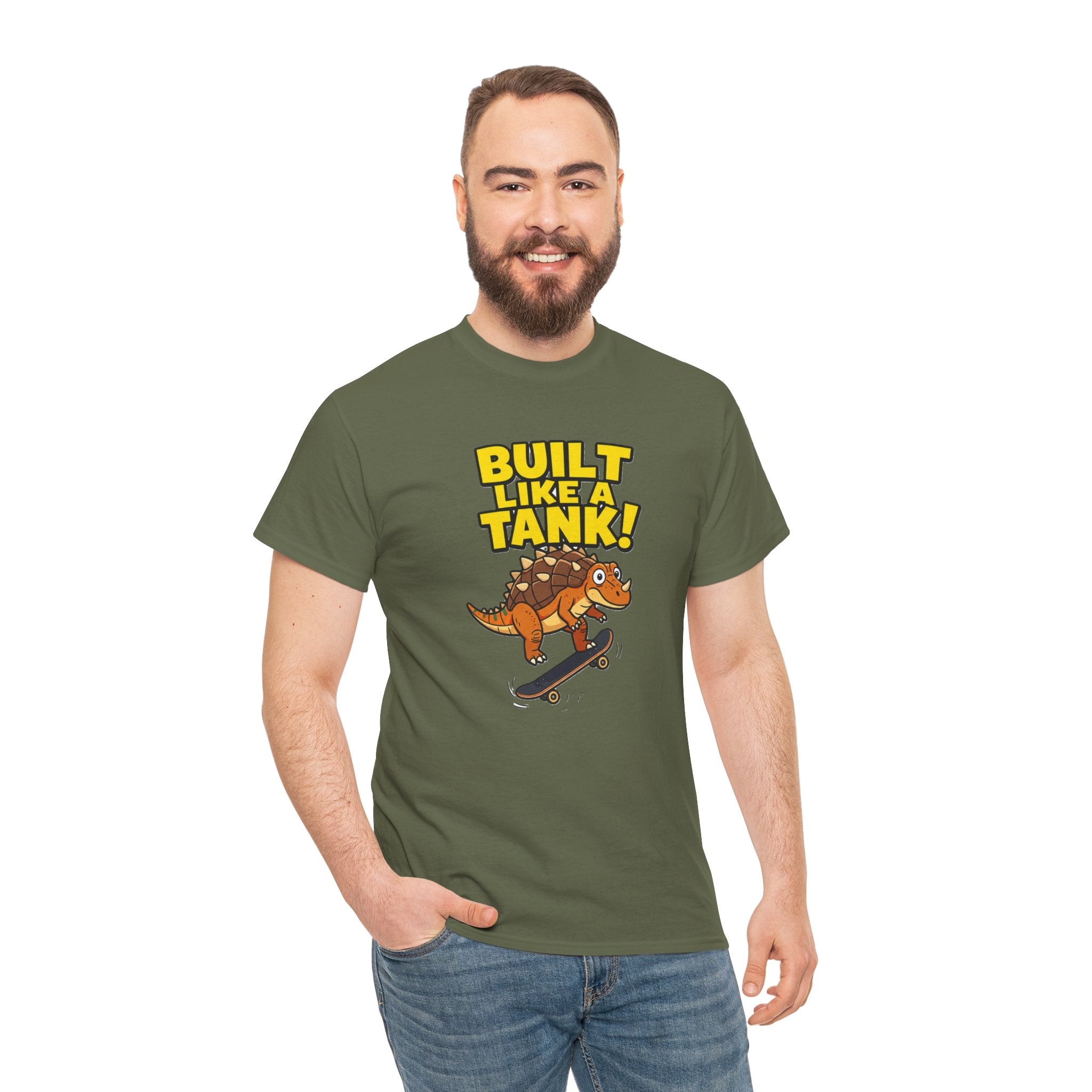 Built Like a Tank T-Shirt – Funny Ankylosaurus Skateboard Cartoon Dinosaur | Armoured Dino Skater Graphic Tee