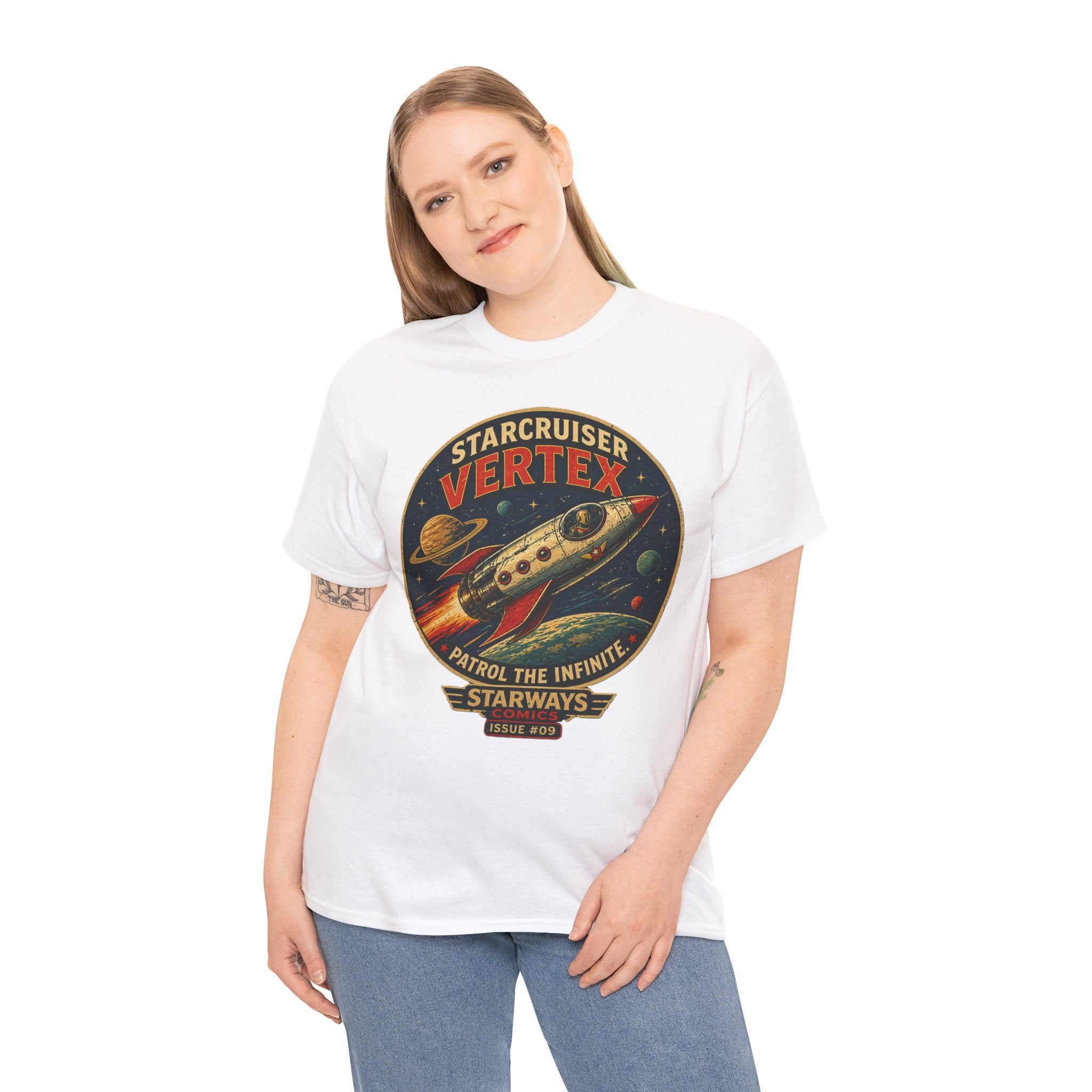 Starcruiser Vertex T-Shirt | Retro Sci-Fi Rocket Ship Graphic Tee | Vintage Space Comic Pilot Shirt | Starways Comics Issue 9