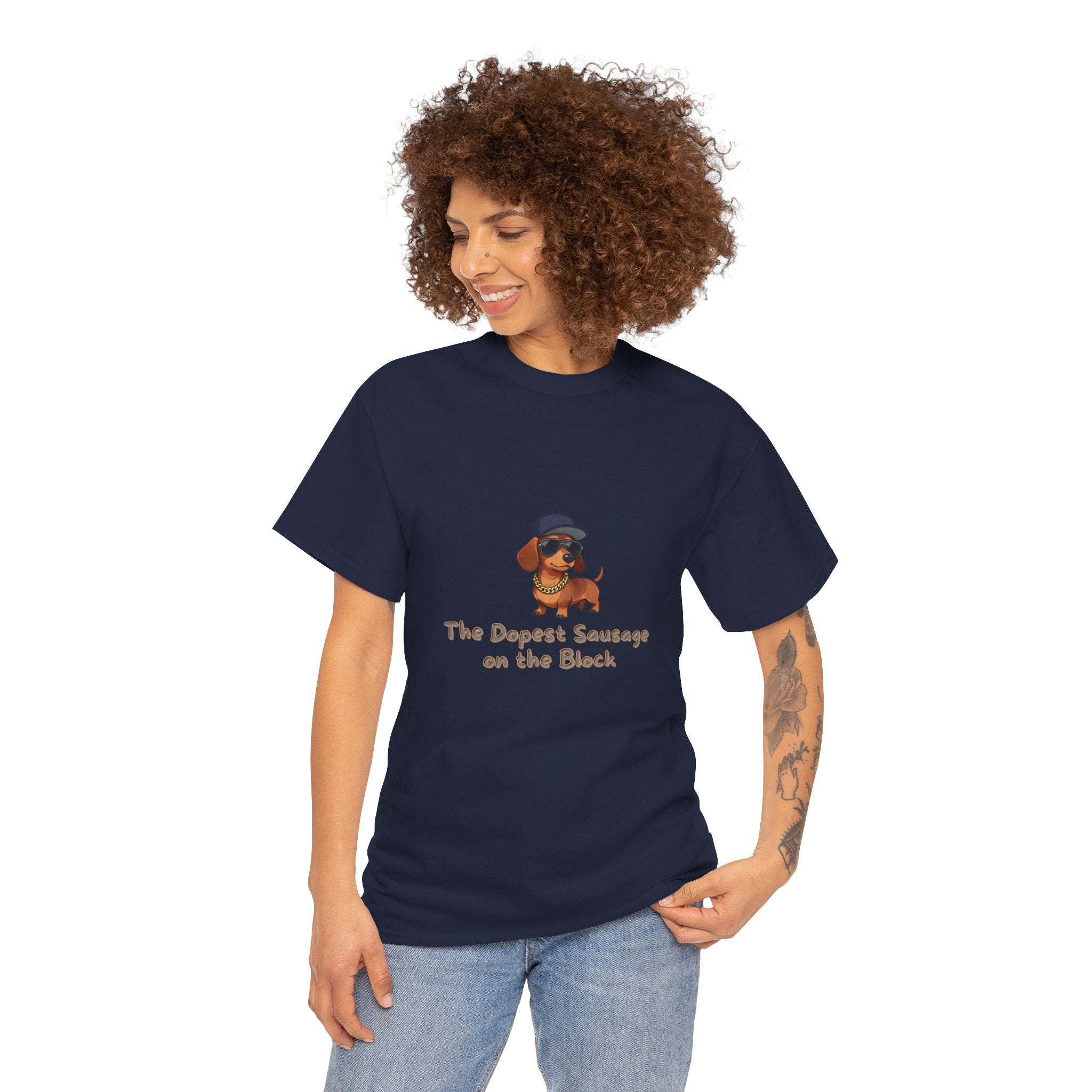 The Dopest Sausage on the Block T-Shirt – Cool Dachshund Hip Hop Gold Chain Hat | Funny Wiener Dog Street Style Tee67