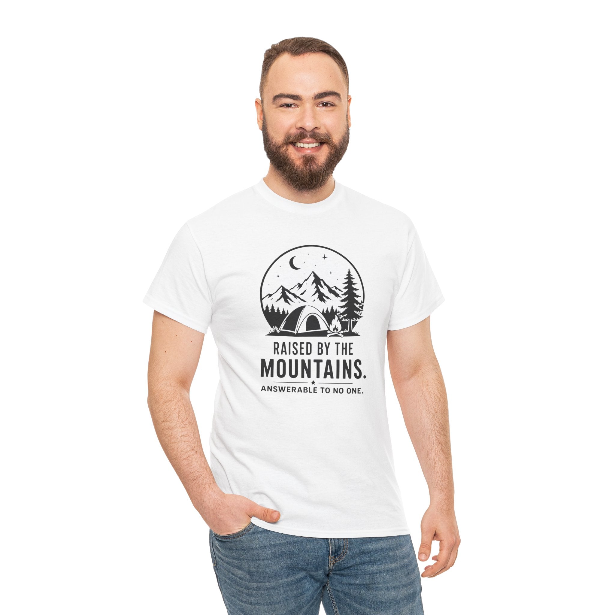 Mountain Camp Graphic Tee — "Raised by the Mountains" Adventure T‑Shirt