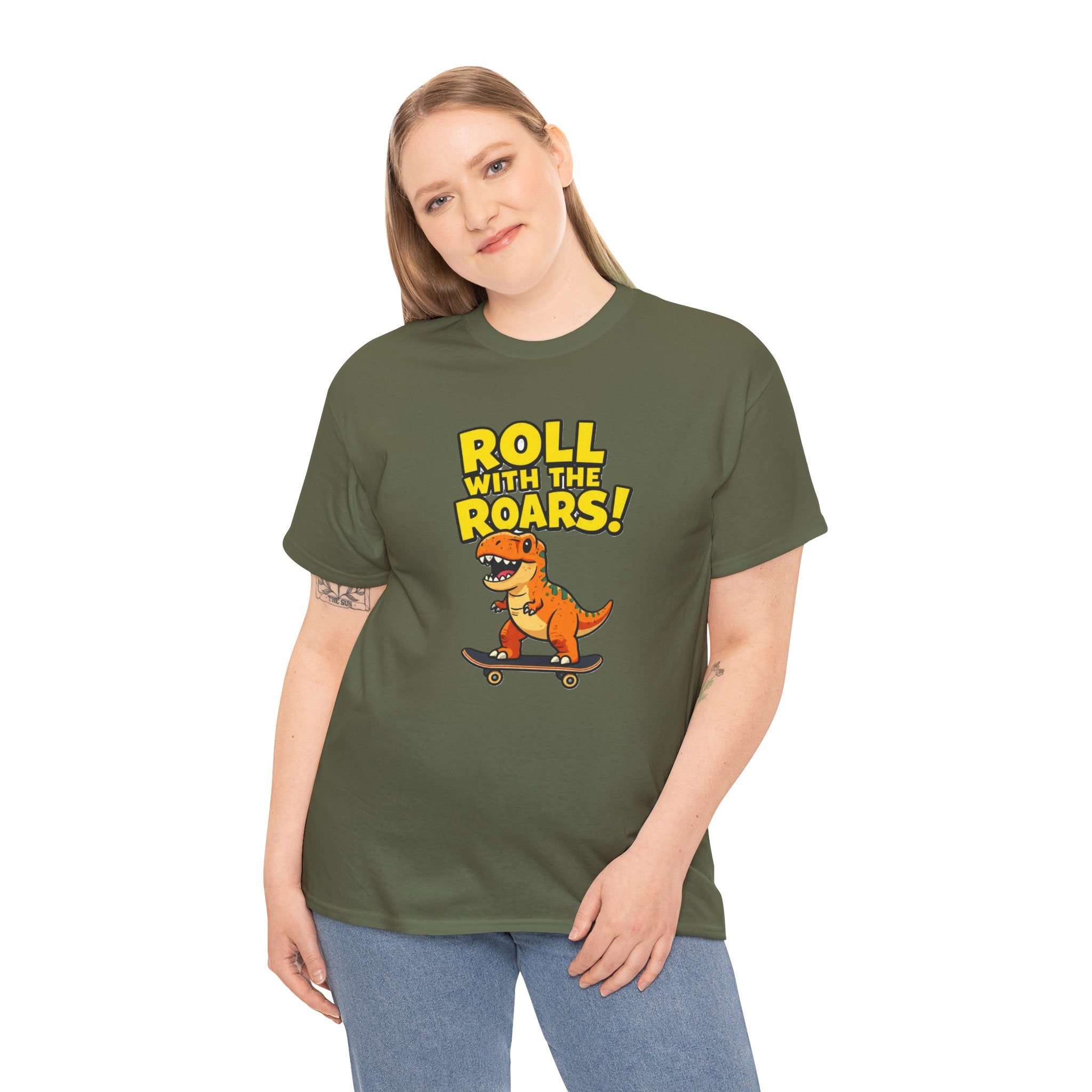 Roll With the Roars T-Shirt – Funny T-Rex Skateboard Cartoon Dinosaur | Dino Skater Graphic Tee