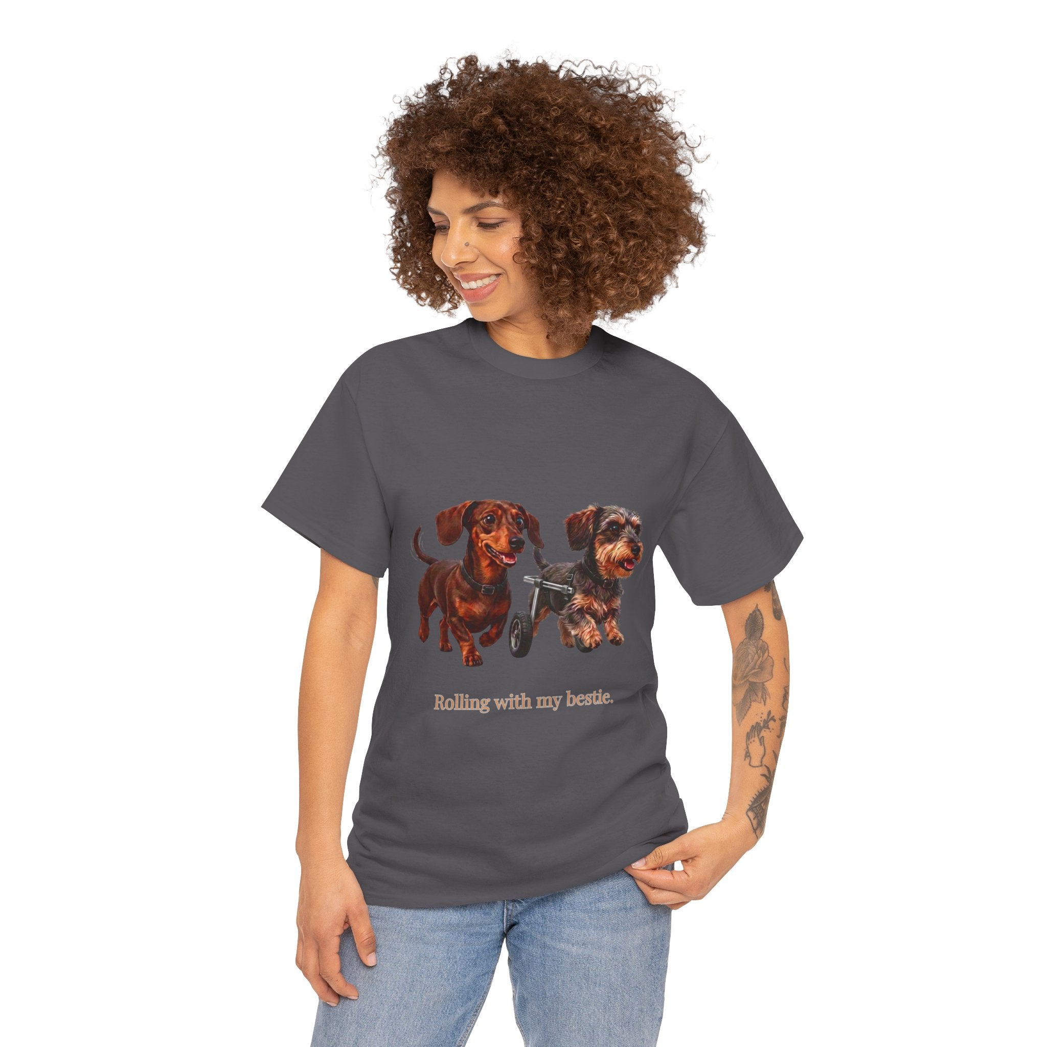 Rolling With My Bestie T-Shirt | Cute Dachshund Wheelchair Dog Tee | Funny Heartwarming Furry Friends Graphic T-Shirt