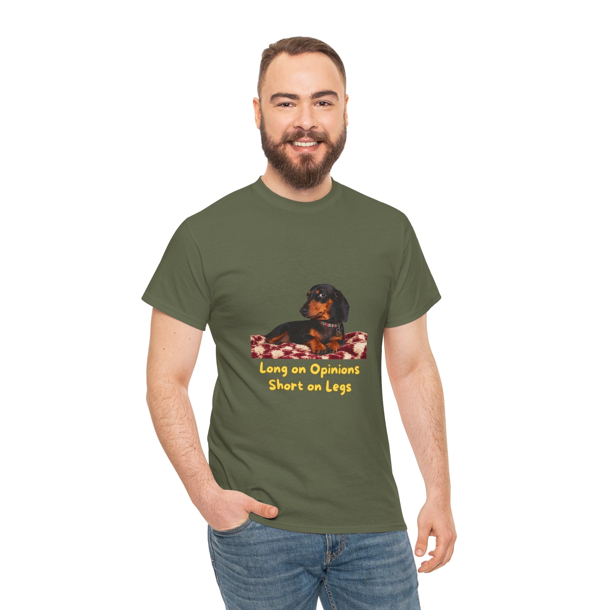 Long on Opinions Short on Legs T-Shirt – Funny Dachshund Sausage Dog Quote | Wiener Dog Attitude Graphic Tee