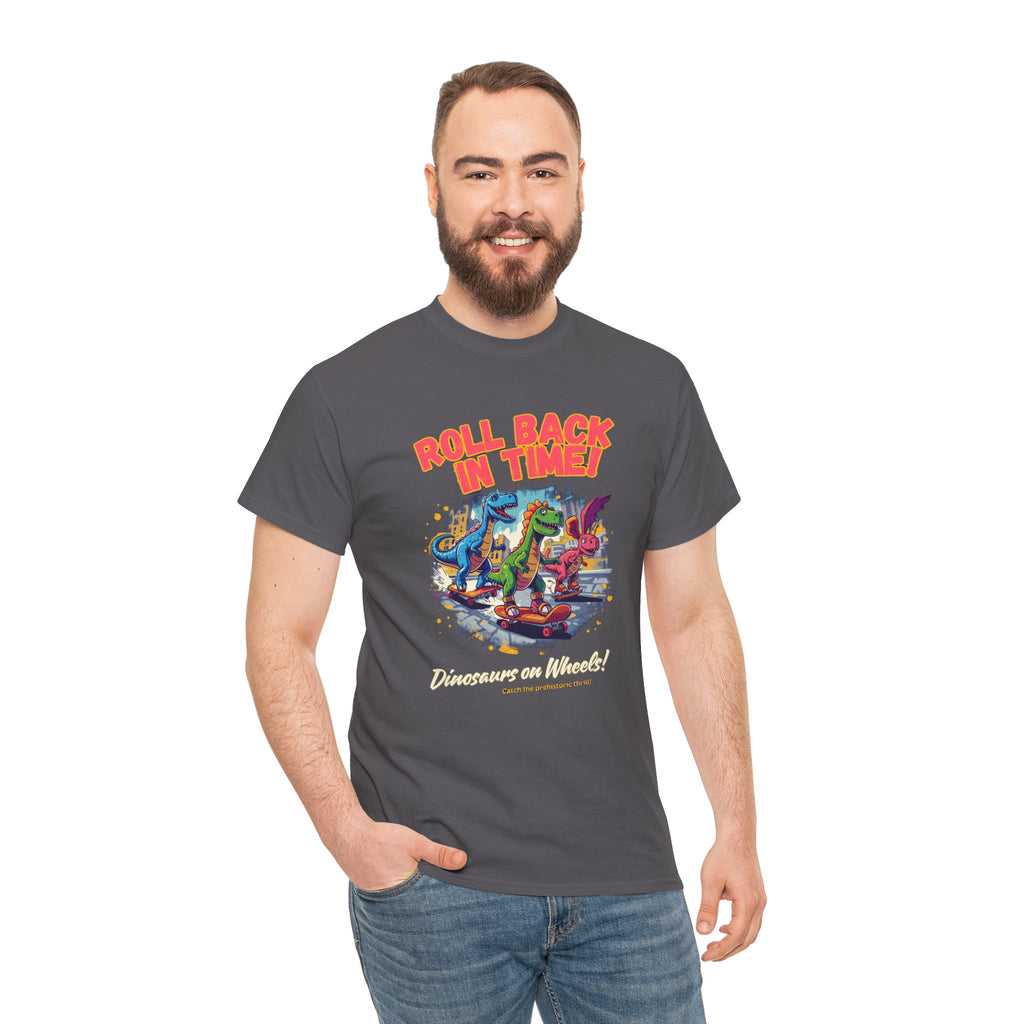 Roll Back In Time T-Shirt | Skateboarding Dinosaurs Street Art Design | Funny Dino Graphic Tee | Cartoon Fun Collection