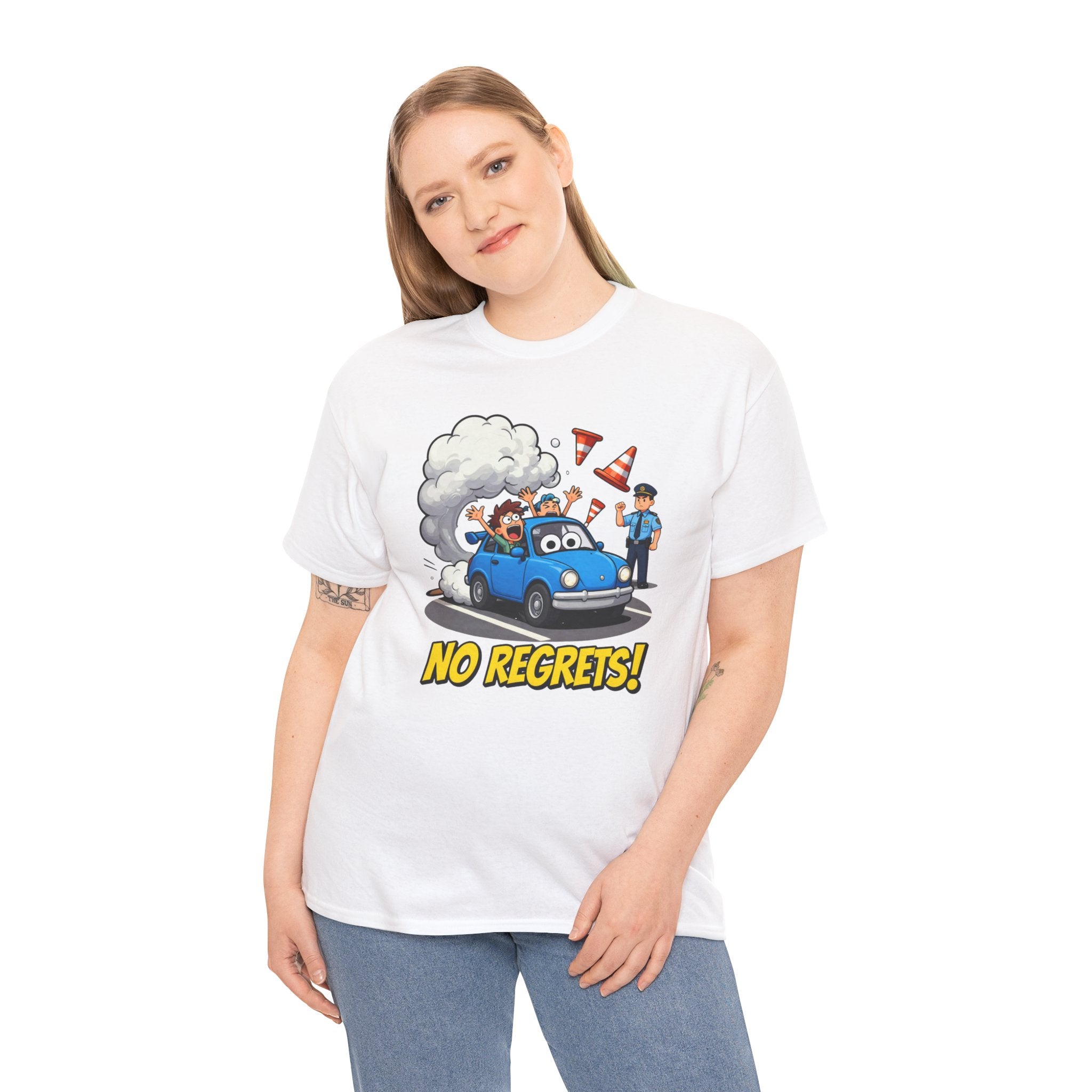 No Regrets T-Shirt – Funny Cartoon Car Police Chase Road Cone Chaos | Bad Driver Motoring Humour Graphic Tee