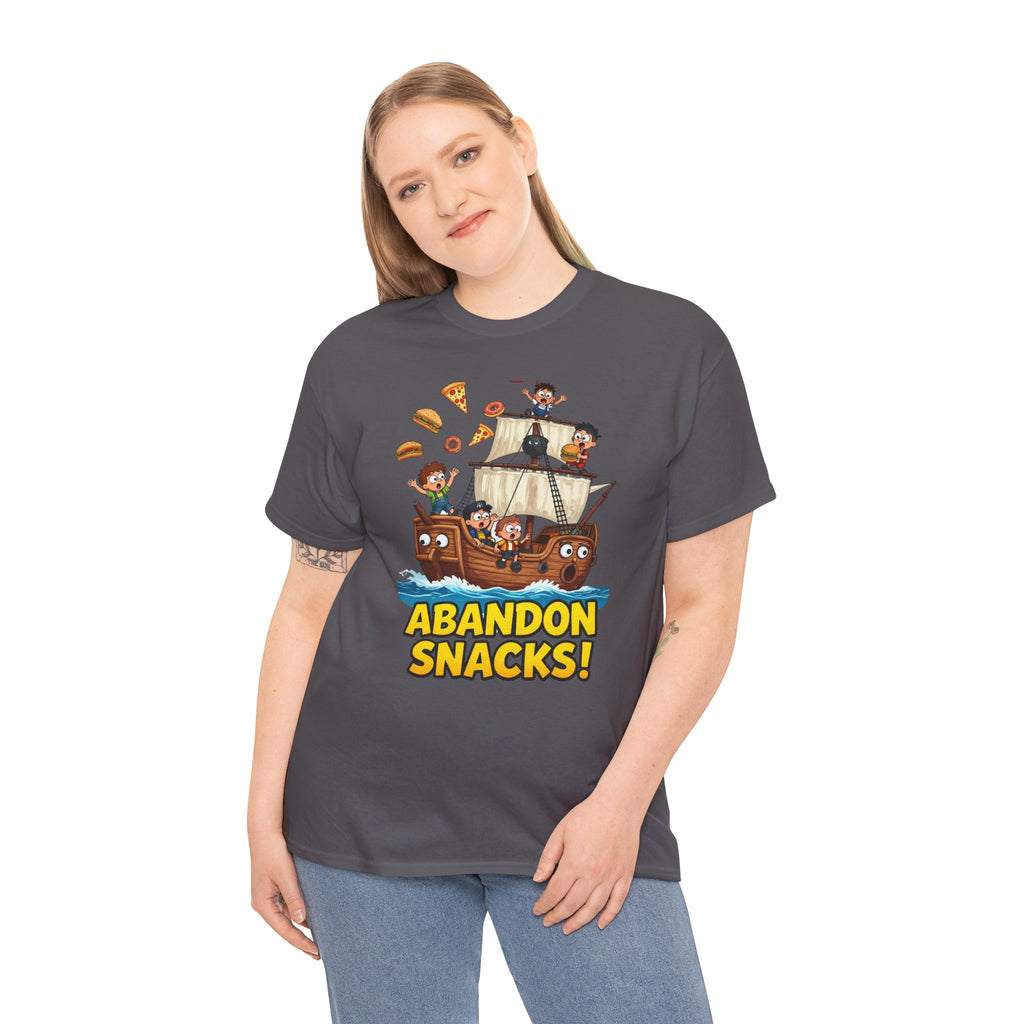 Abandon Snacks T-Shirt – Funny Pirate Ship Food Chaos Cartoon | Nautical Humour Foodie Graphic Tee