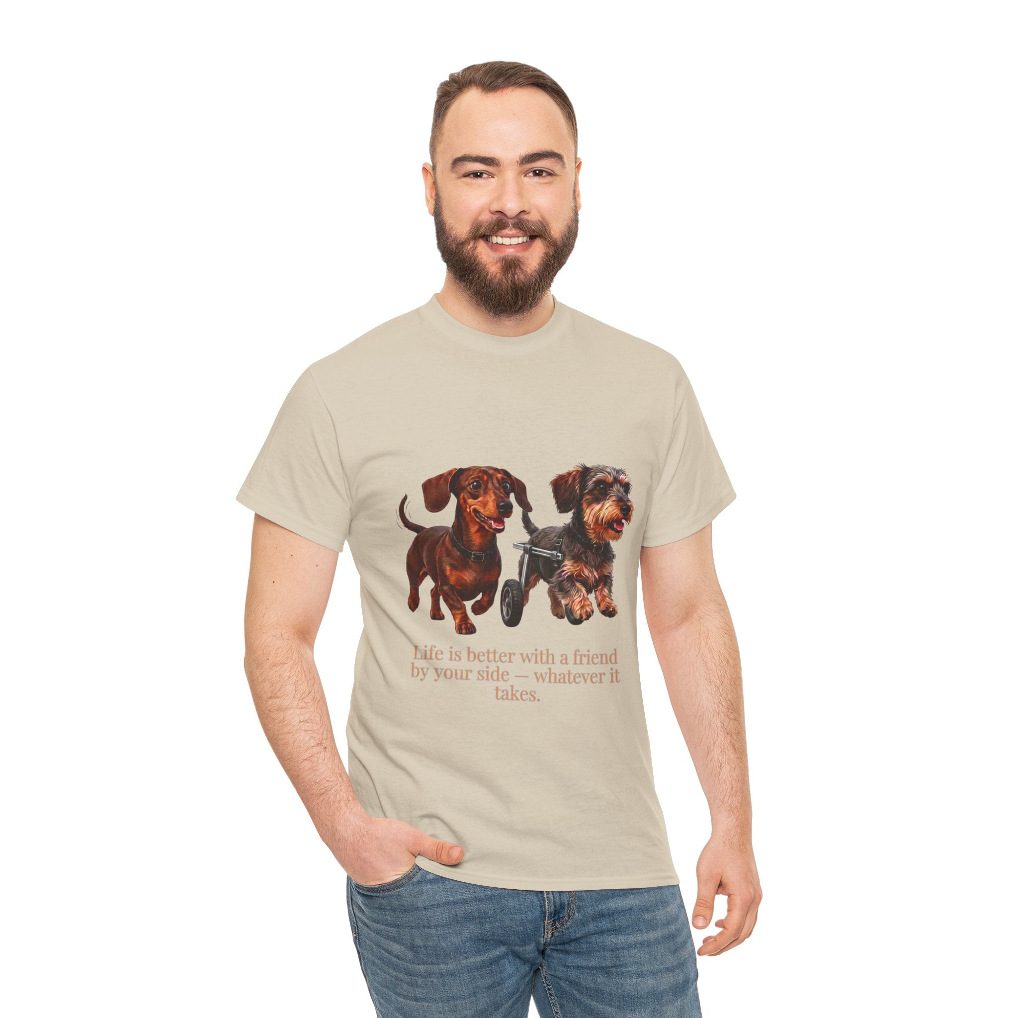 Life Is Better With a Friend by Your Side T-Shirt | Dachshund on Wheels Dog Tee | Heartwarming Furry Friends Graphic T-Shirt
