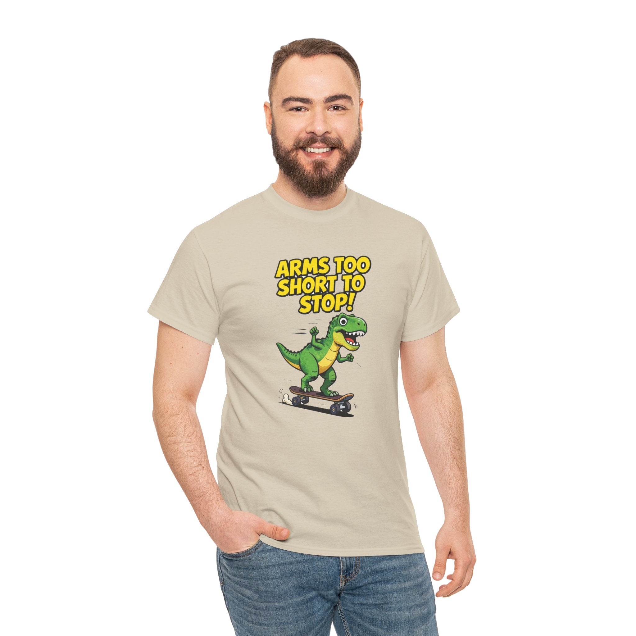 Arms Too Short to Stop T-Shirt – Funny T-Rex Skateboard Cartoon Dinosaur | T-Rex Arms Pun Graphic Tee