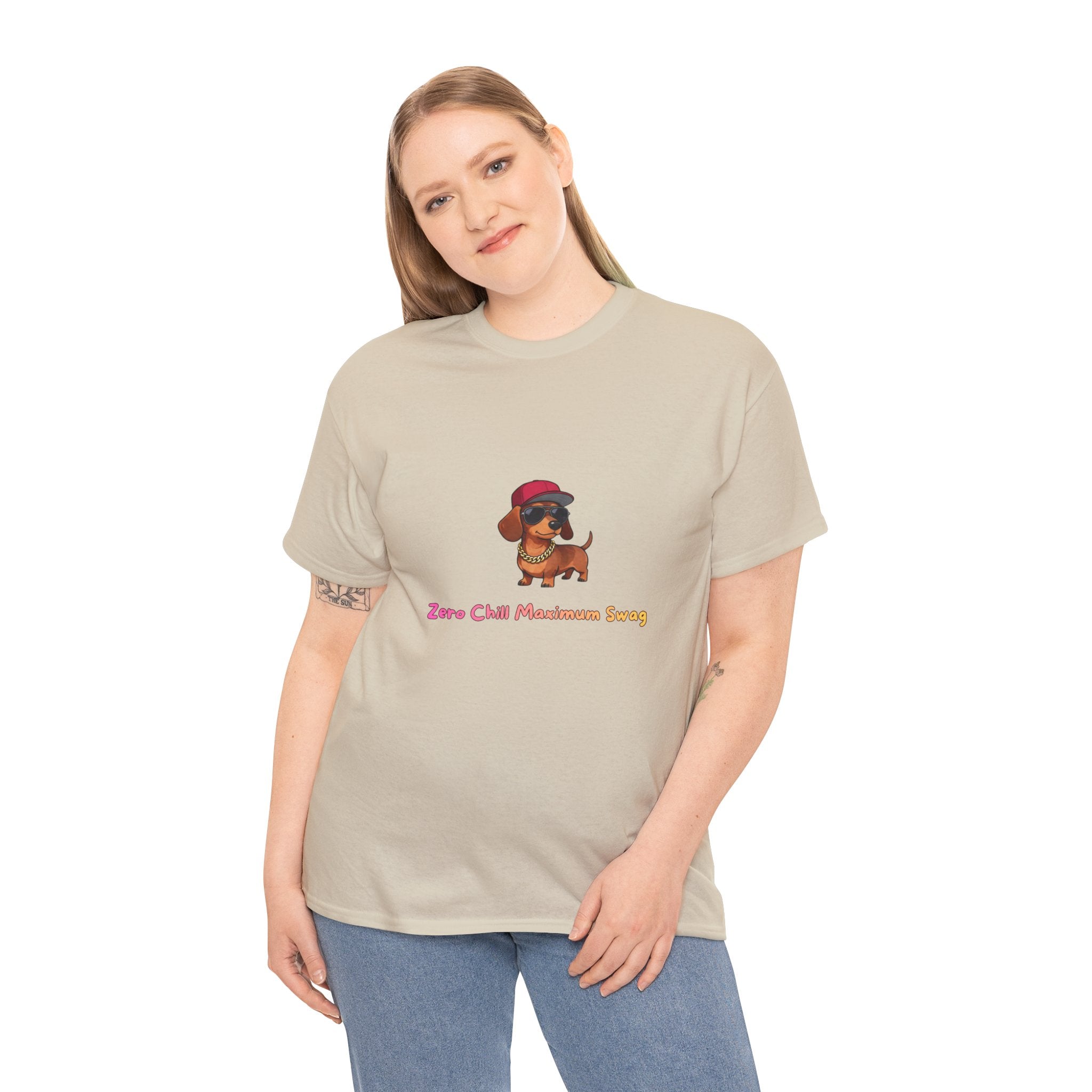 Zero Chill Maximum Swag T-Shirt – Funny Dachshund Hip Hop Attitude Gold Chain | Sausage Dog Wiener Dog Graphic Tee