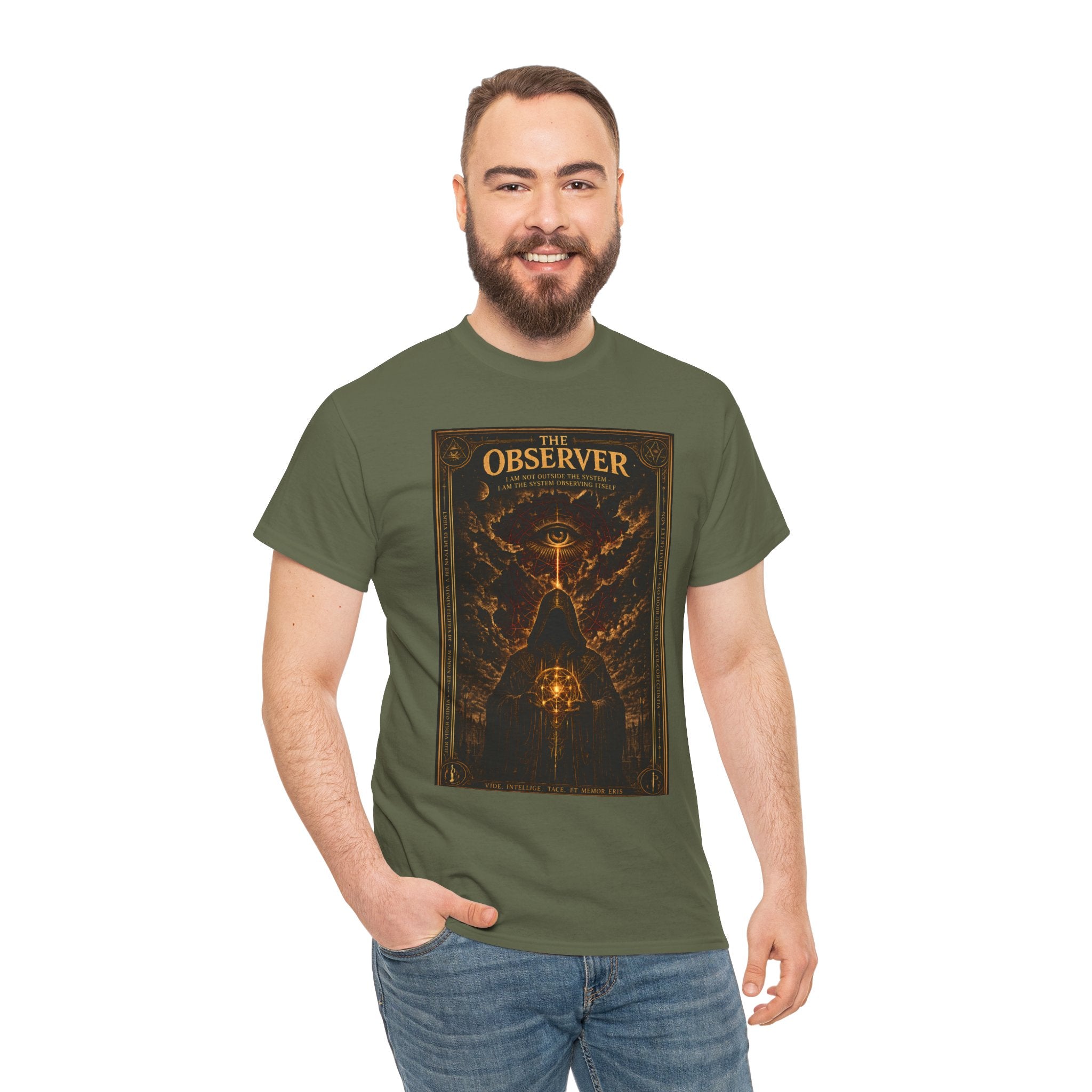 The Observer T-Shirt | Occult All Seeing Eye Graphic Tee | Esoteric Conspiracy Hooded Figure Shirt | Dark Academia Mystic Art