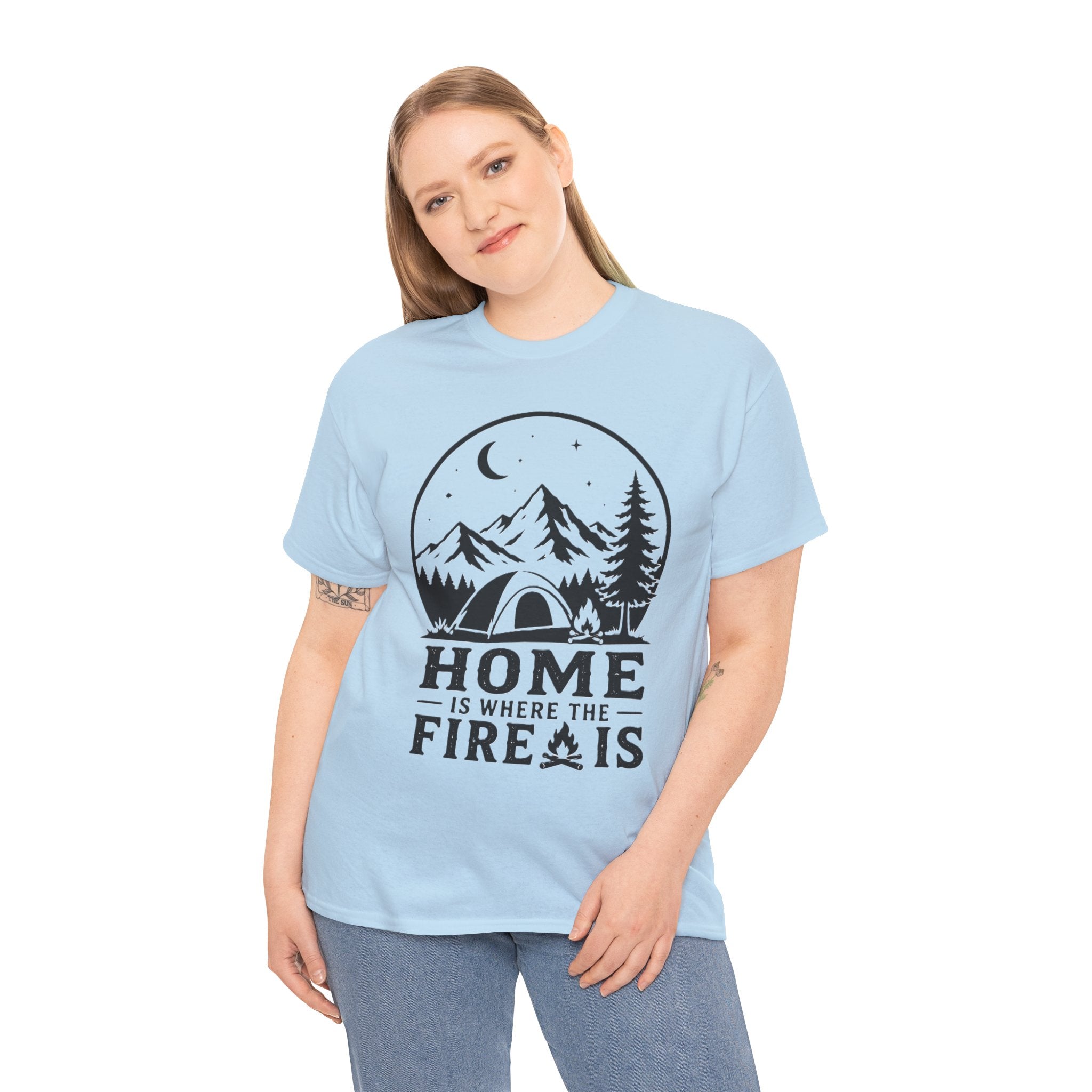 Camping T-Shirt — "Home Is Where The Fire Is" Outdoor Campfire Tee - Four bars of signal lost. One entire soul found.