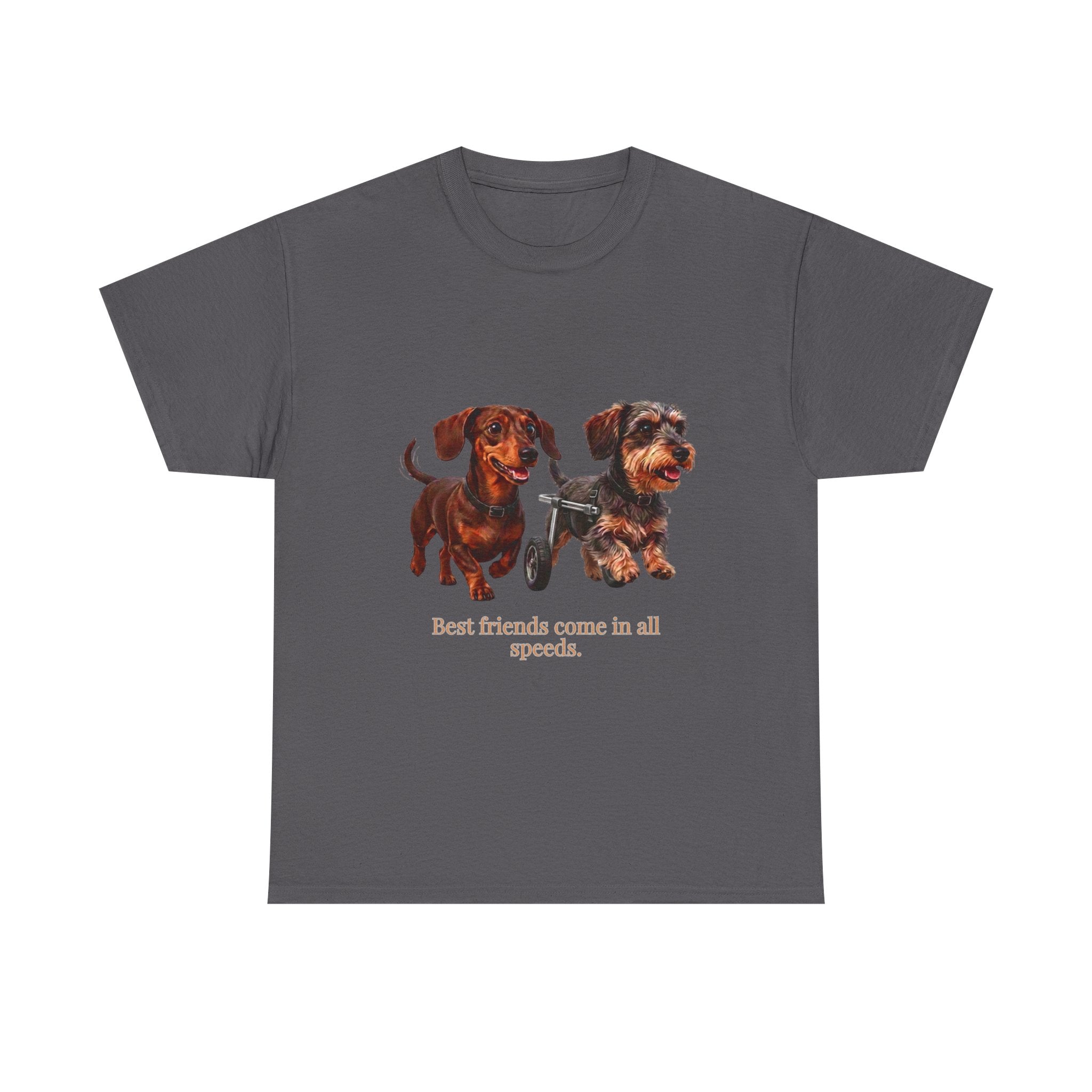 Dachshund Friends T‑Shirt — “Best Friends Come in All Speeds T-Shirt | Cute Dachshund Wheelchair Dog Tee | Heartwarming Furry Friends Graphic Dog Lover Tee