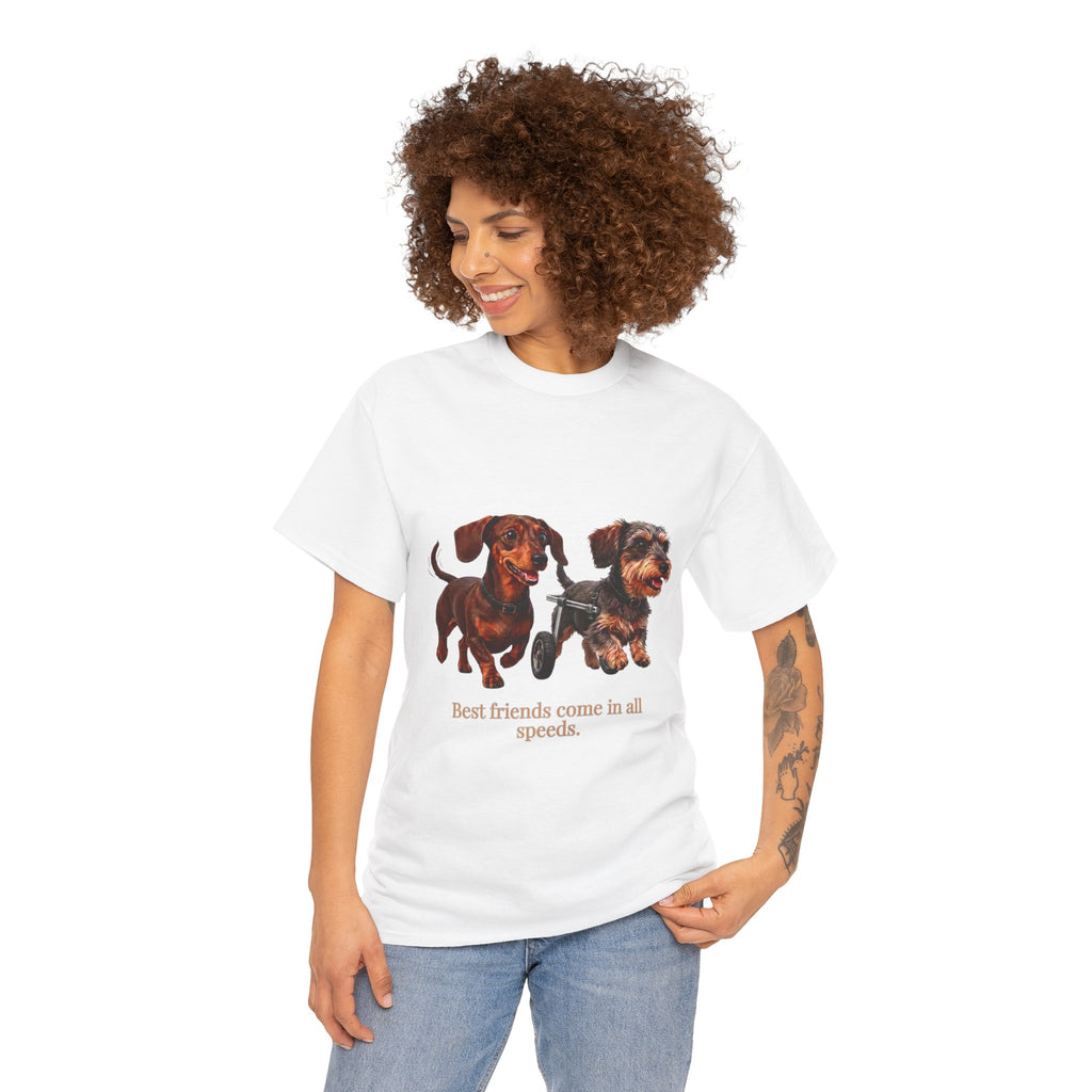 Dachshund Friends T‑Shirt — “Best Friends Come in All Speeds T-Shirt | Cute Dachshund Wheelchair Dog Tee | Heartwarming Furry Friends Graphic Dog Lover Tee