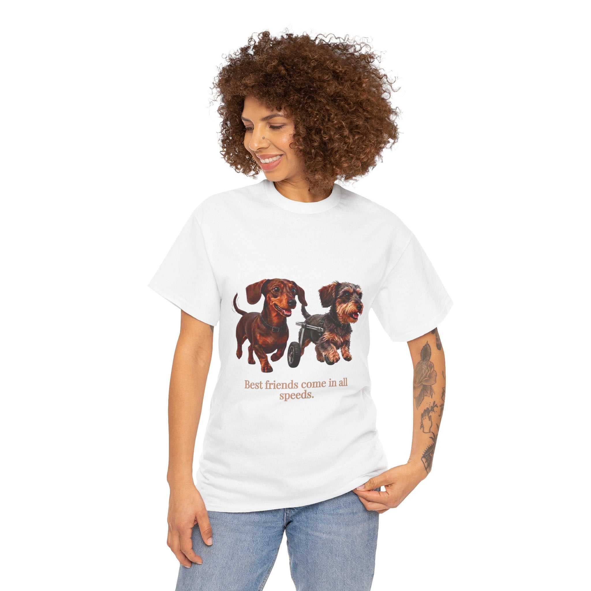 Dachshund Friends T‑Shirt — “Best Friends Come in All Speeds T-Shirt | Cute Dachshund Wheelchair Dog Tee | Heartwarming Furry Friends Graphic Dog Lover Tee